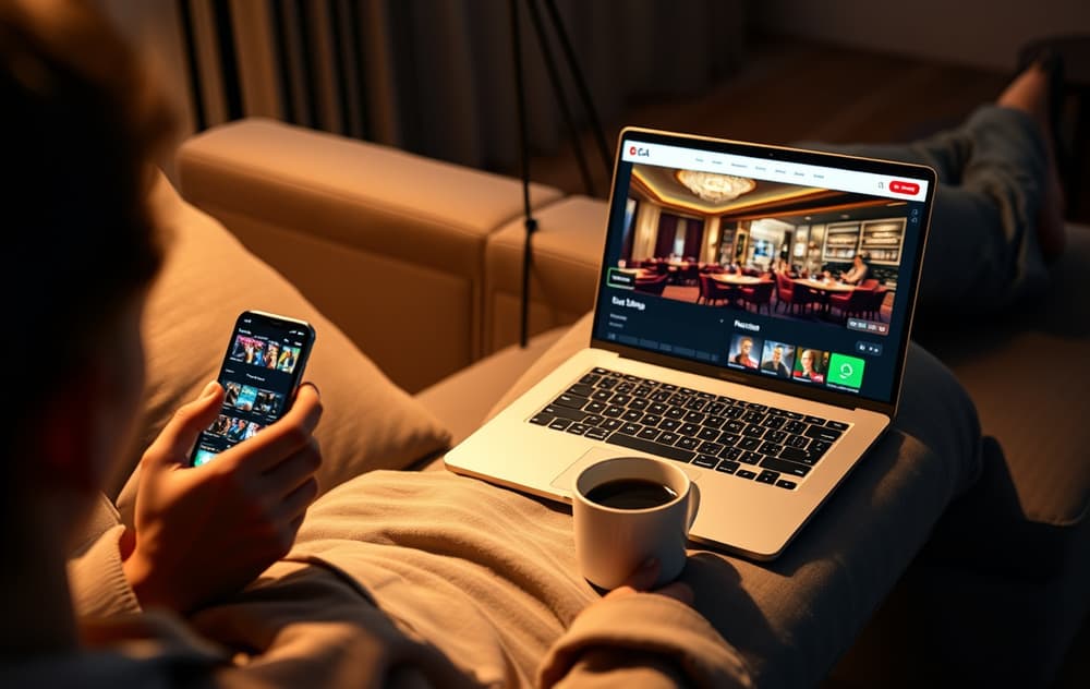 En person som spiller casinospill på nett via mobil og laptop i stuen, med kaffekopp og dempet belysning