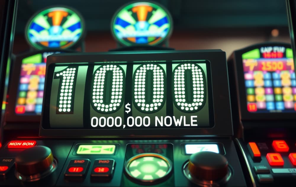 Spilleautomat med stor jackpot-tavle som viser 10 millioner norske kroner, mynter fosser ut.