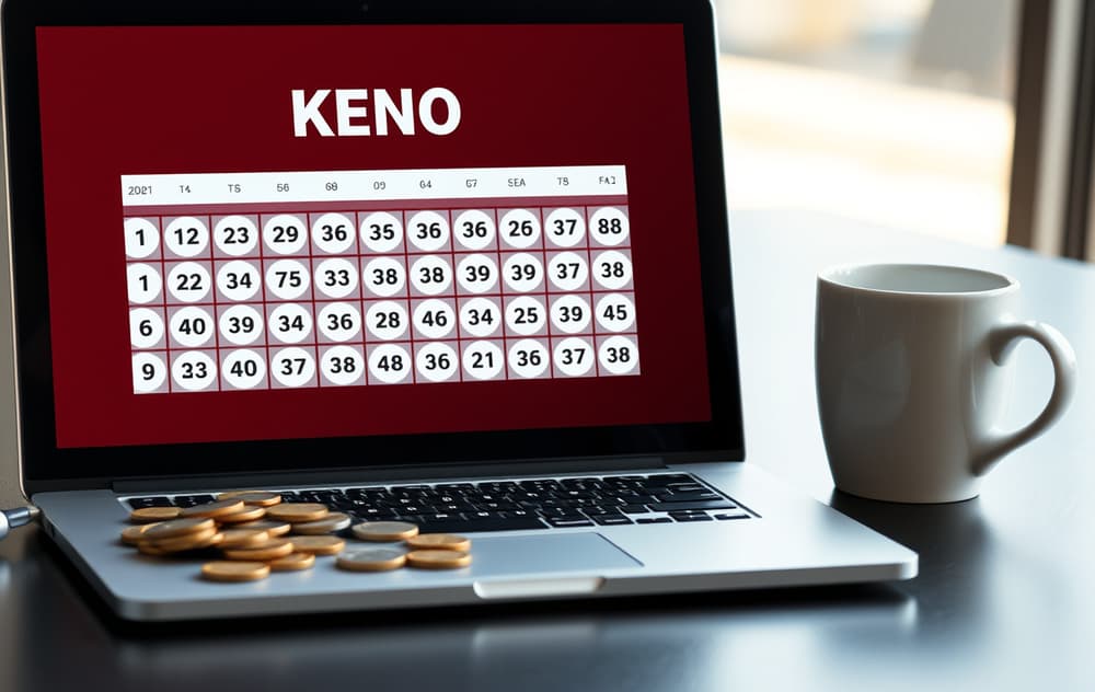 Keno-spill på laptop med norske mynter og kaffekopp på bordet.