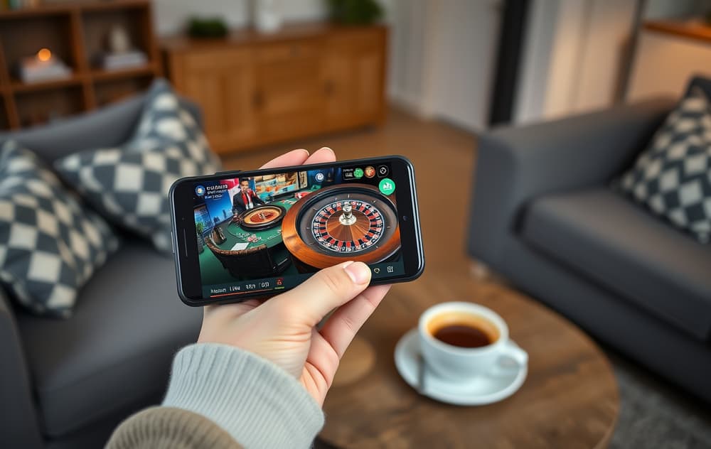 Mobiltelefon som viser live casino med ekte dealer og rulett, i en norsk stue
