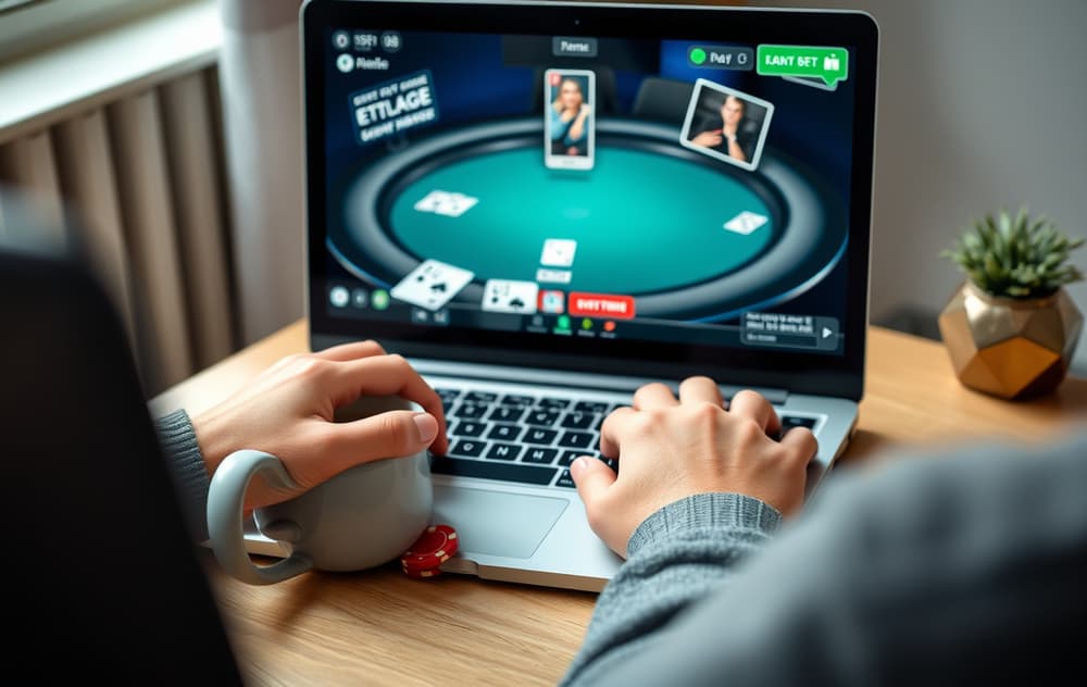 Person som spiller poker på nett på laptop med kaffekopp og sjetonger