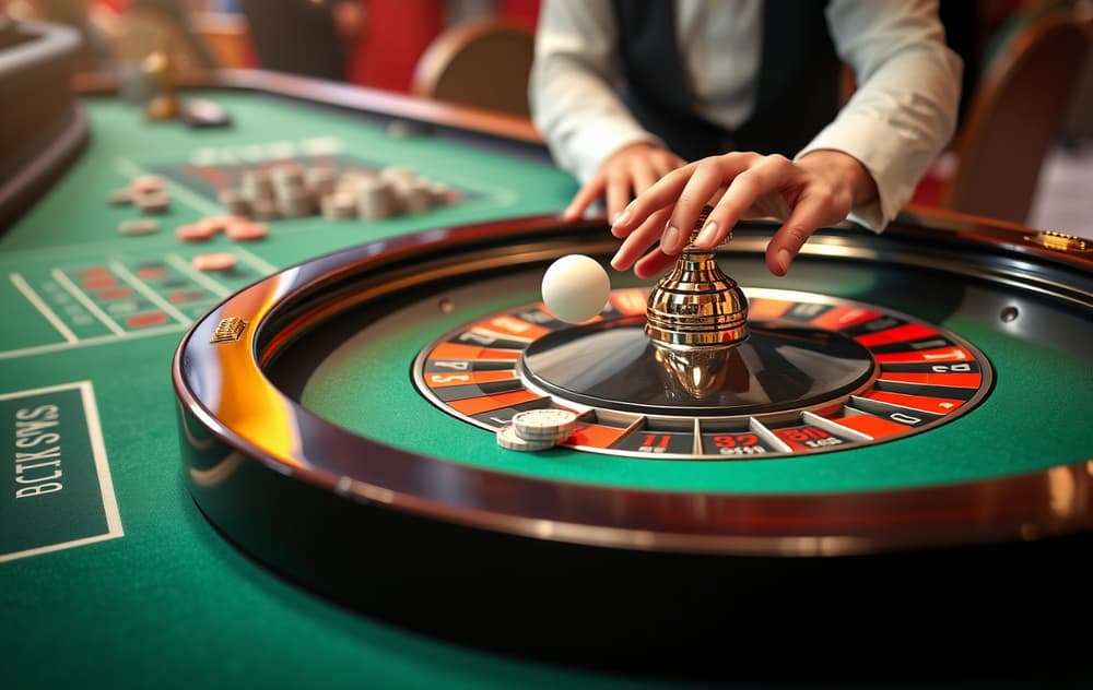 Rulettbord med snurrende hjul og croupier som slipper ballen, grønn filt og spillebrikker.