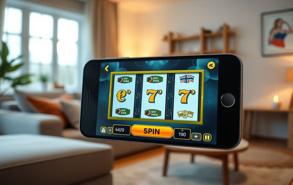 En smarttelefon som viser en spilleautomat med norske kroner-symboler og spinn-knapp.